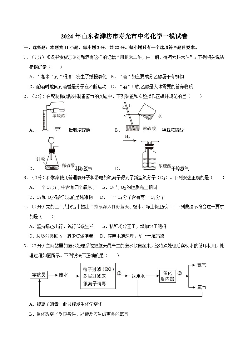 2024年山东省潍坊市寿光市中考一模化学试卷第1页