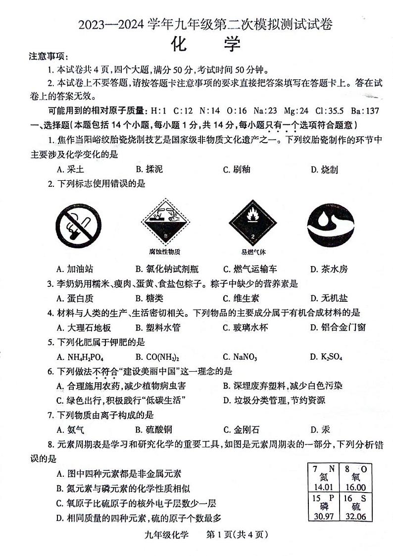 2024年河南省焦作市九年级中招二模化学试卷及参考答案01