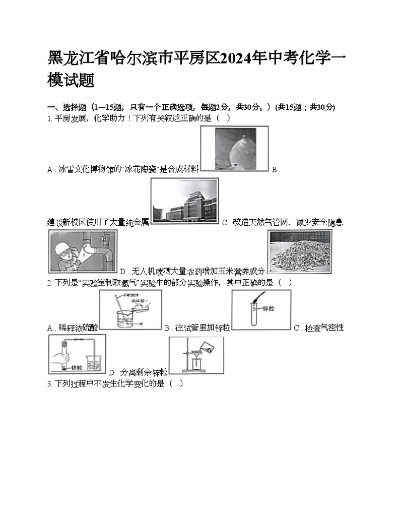 黑龙江省哈尔滨市平房区2024年中考化学一模试题第1页