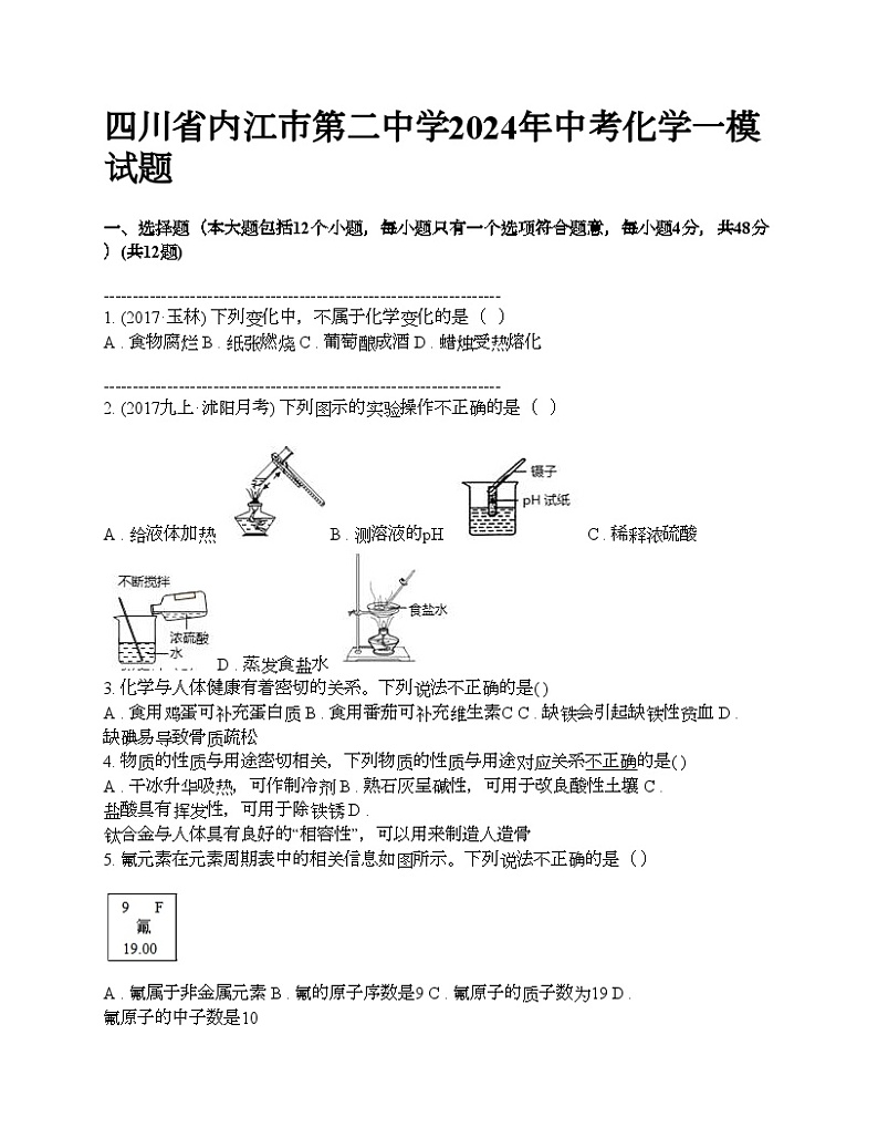 四川省内江市第二中学2024年中考化学一模试题01