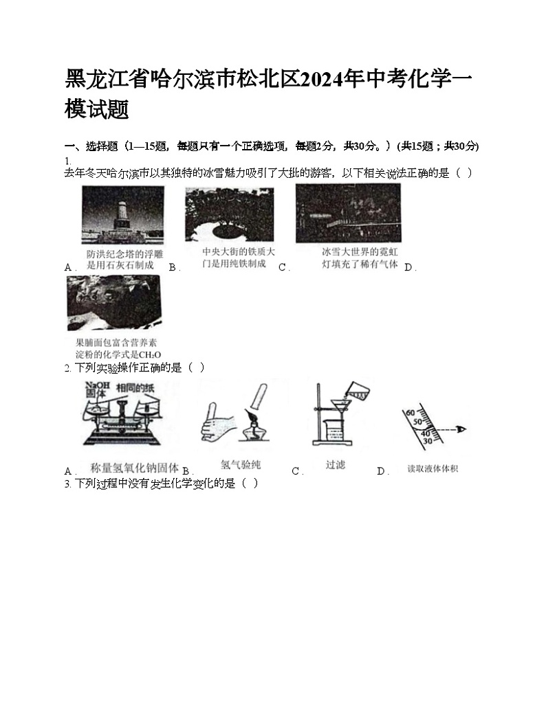黑龙江省哈尔滨市松北区2024年中考化学一模试题第1页