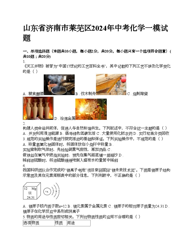 山东省济南市莱芜区2024年中考化学一模试题第1页