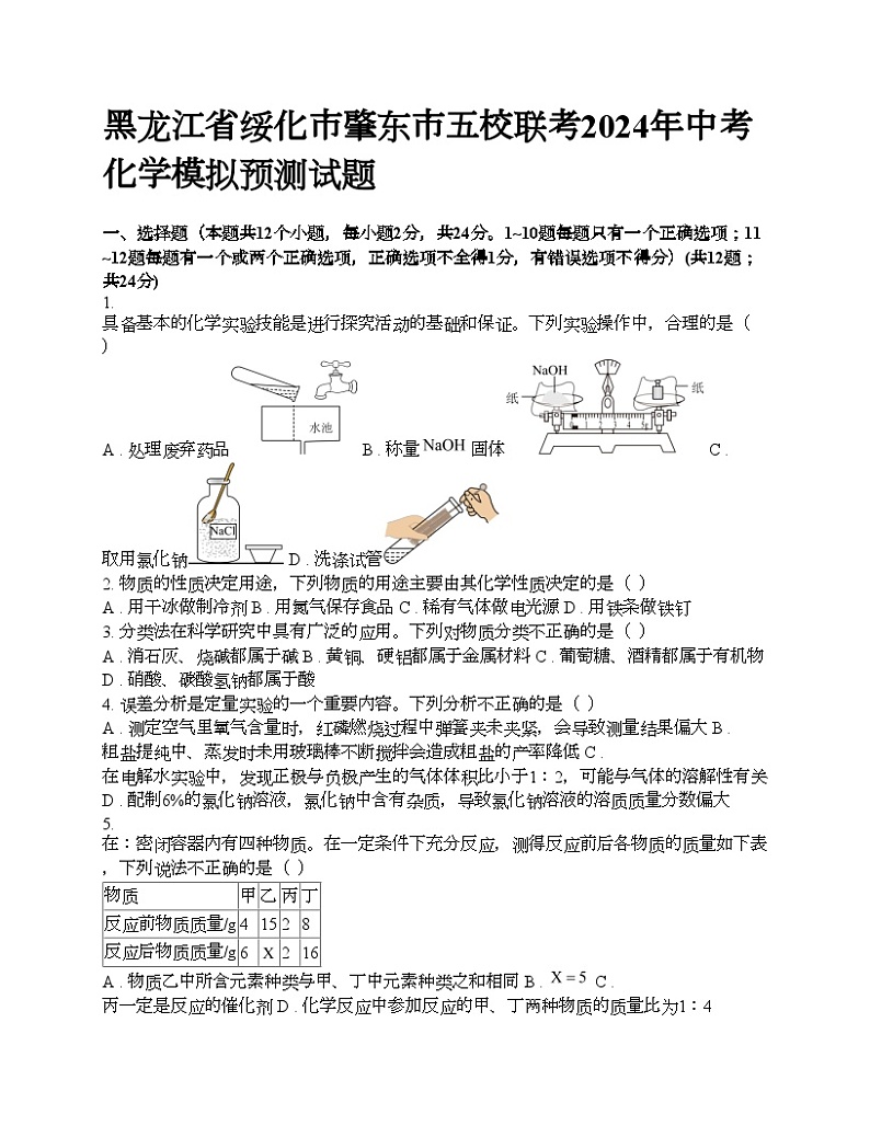 黑龙江省绥化市肇东市五校联考2024年中考化学模拟预测试题第1页