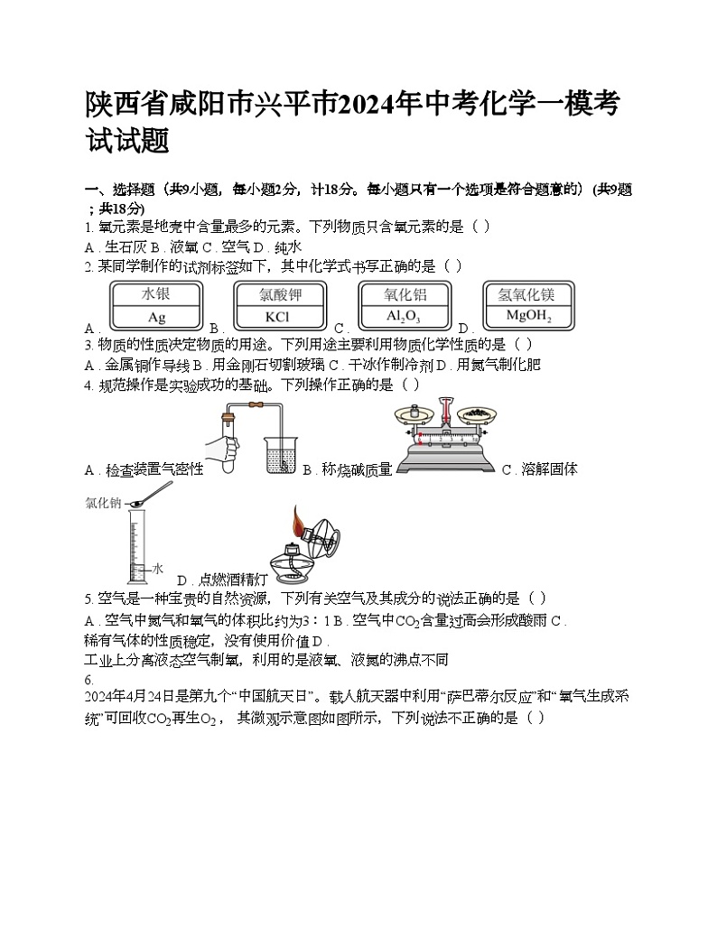 陕西省咸阳市兴平市2024年中考化学一模考试试题01
