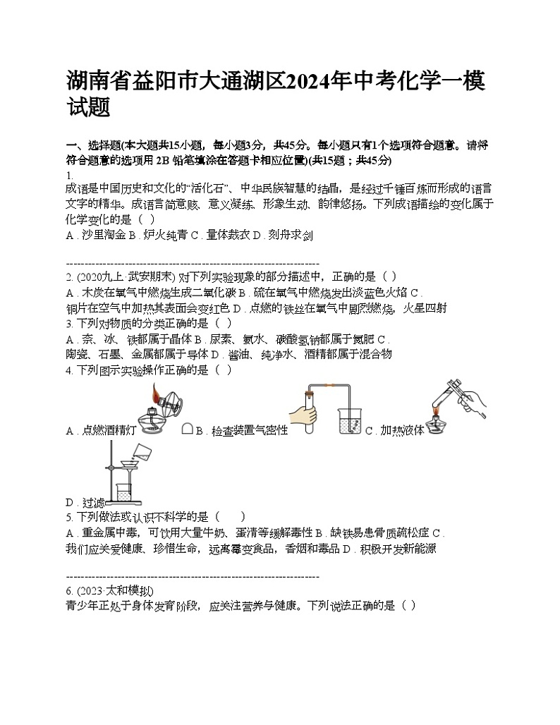 湖南省益阳市大通湖区2024年中考化学一模试题01