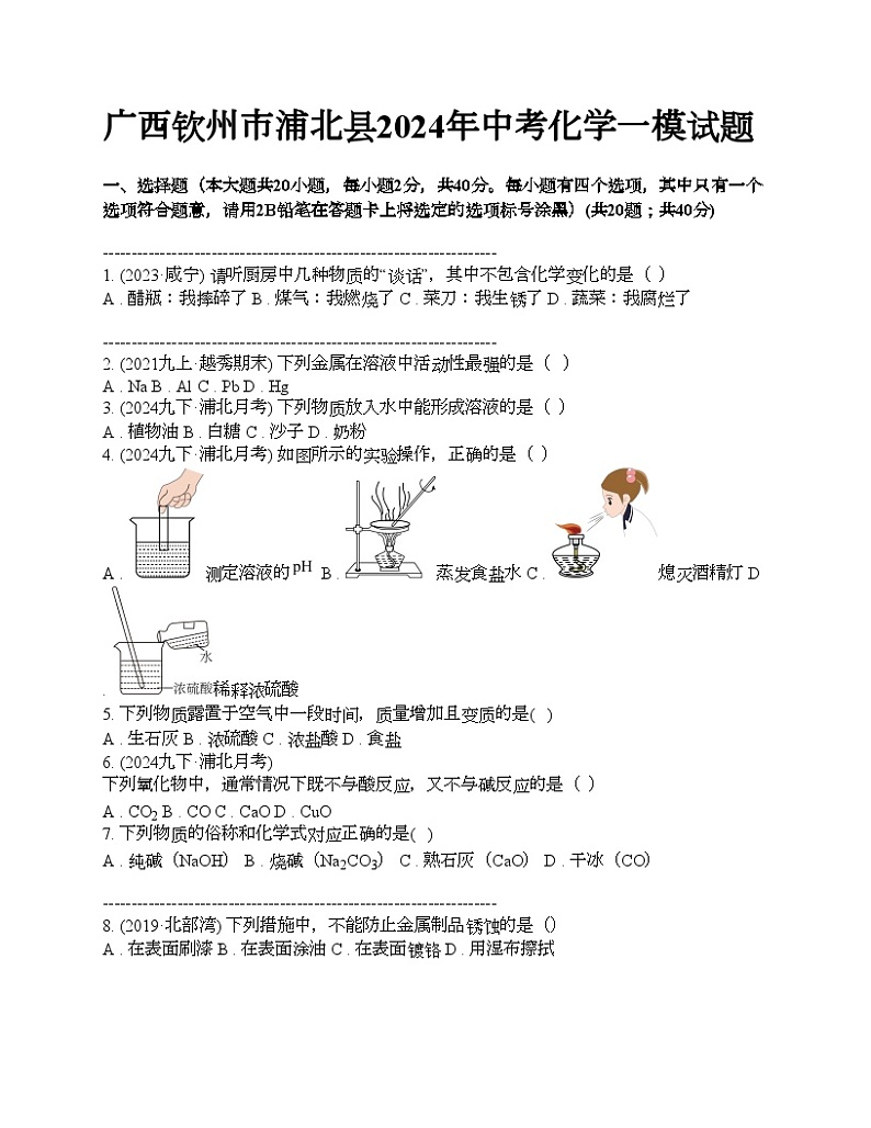 广西钦州市浦北县2024年中考化学一模试题01