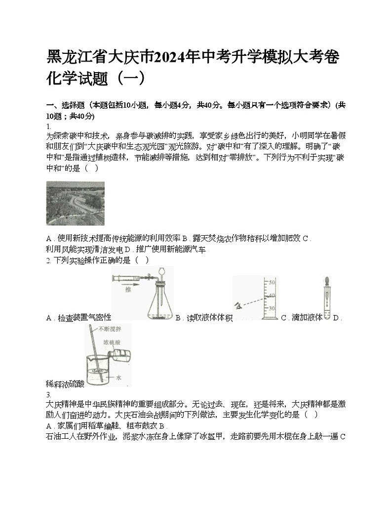 黑龙江省大庆市2024年中考升学模拟大考卷化学试题（一）01