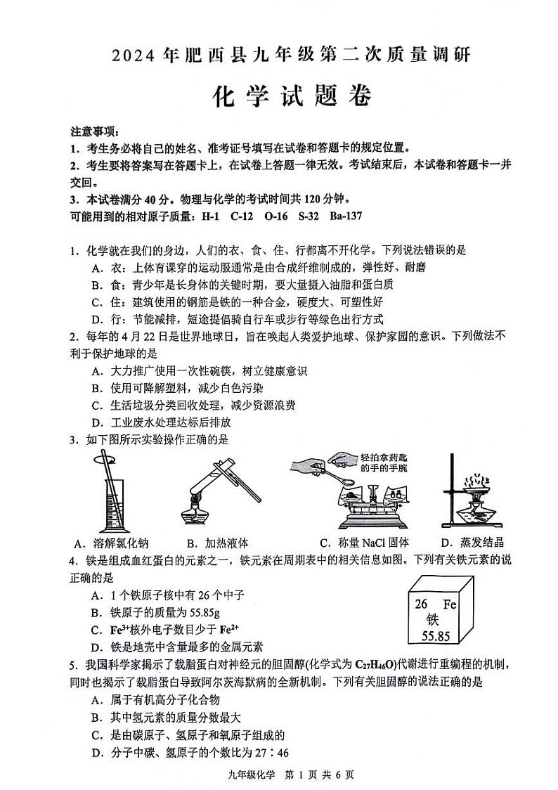 2024年安徽省合肥市肥西县中考二模化学试题第1页