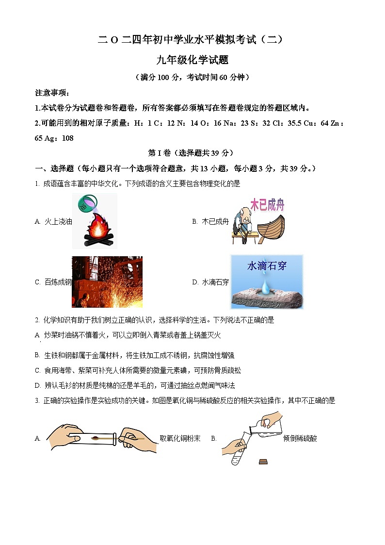 2024年山东省枣庄市山亭区翼云中学中考学业水平模拟考试化学试卷（原卷版+解析版）01