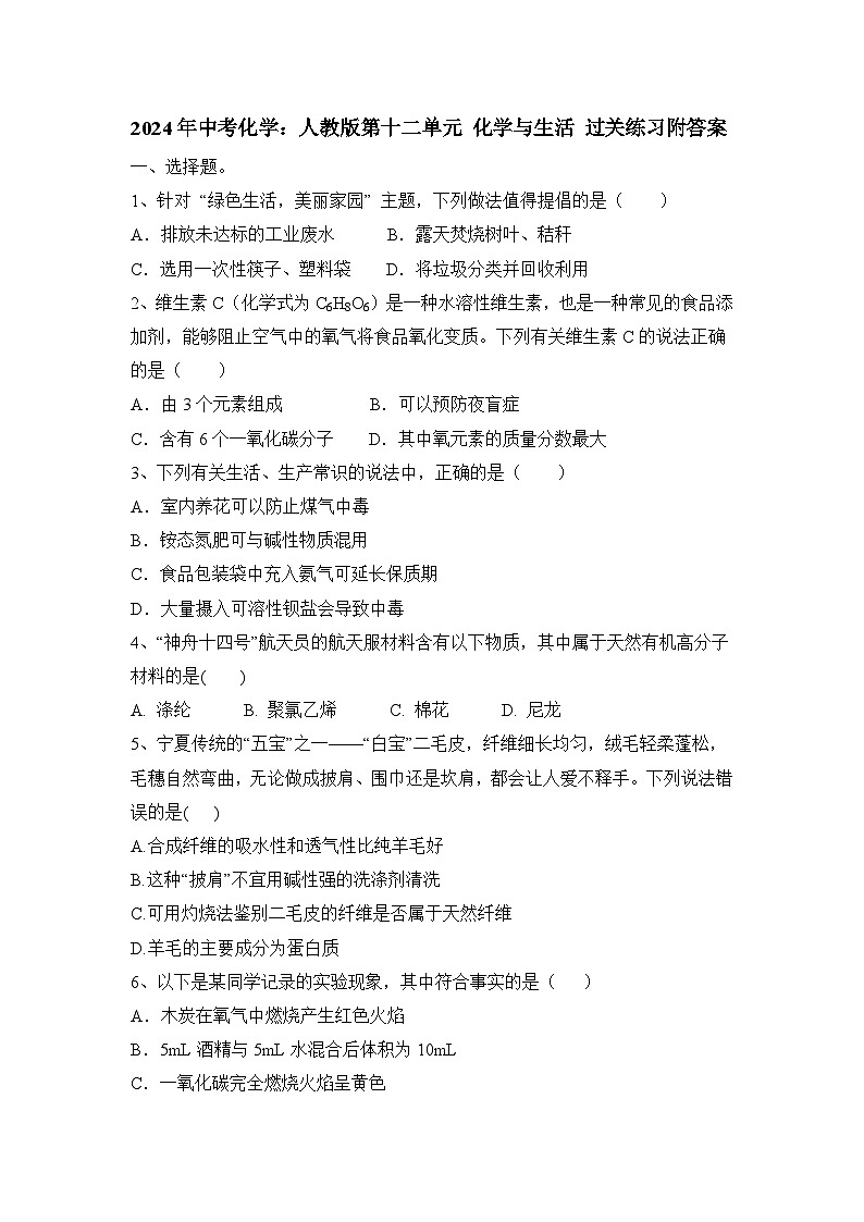2024年中考化学人教版第十二单元 化学与生活 过关练习第1页