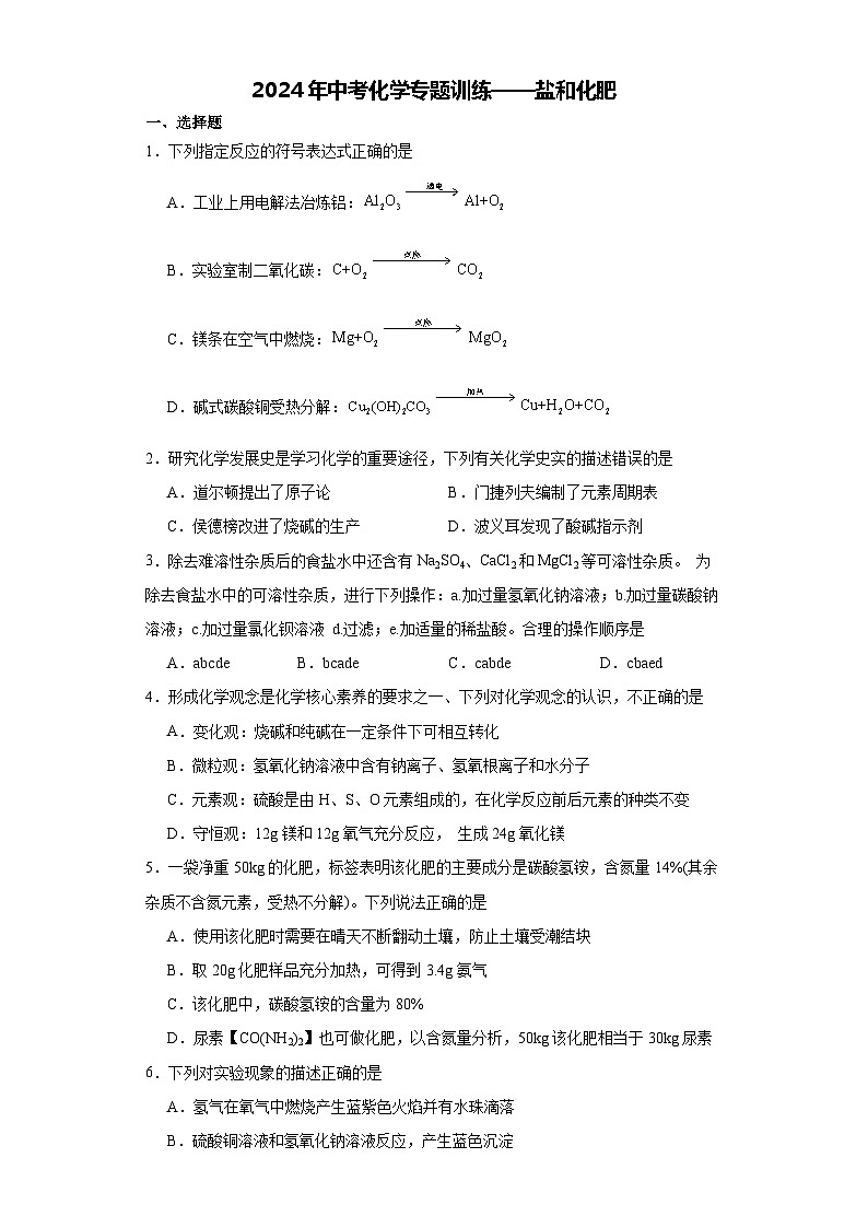 2024年中考化学专题训练——盐和化肥第1页
