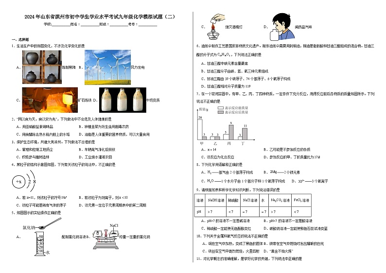 2024年山东省滨州市初中学生学业水平考试九年级化学模拟试题（二）01