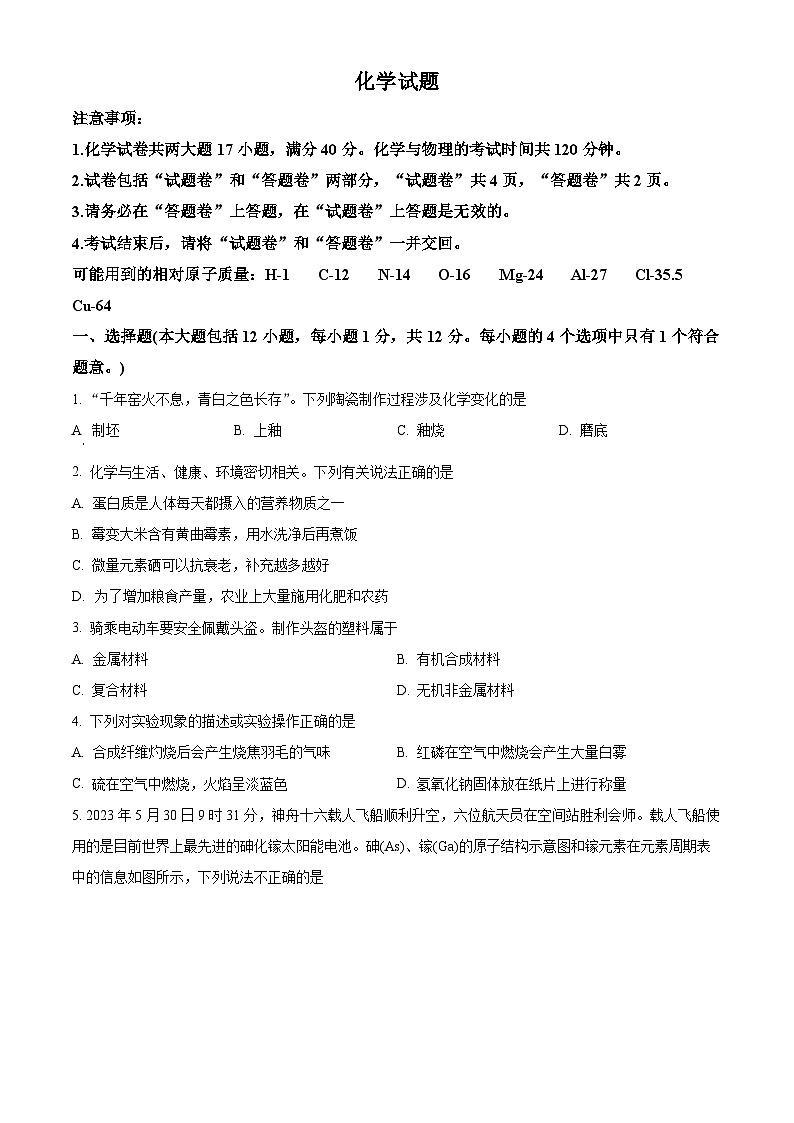 安徽省六安市霍邱县2023-2024学年九年级下学期4月月考化学试题（原卷版）第1页
