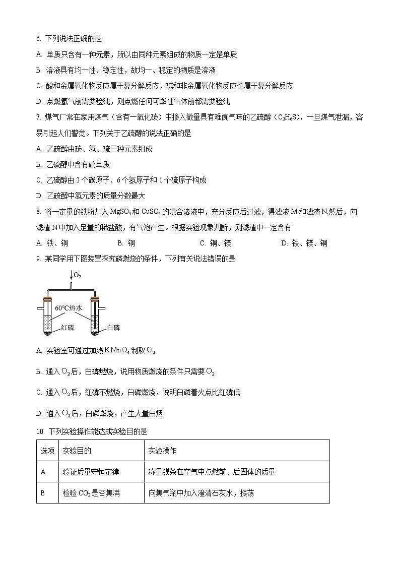 四川省内江市第六中学2023-2024学年下期九年级化学二模考试试题（原卷版+解析版）02