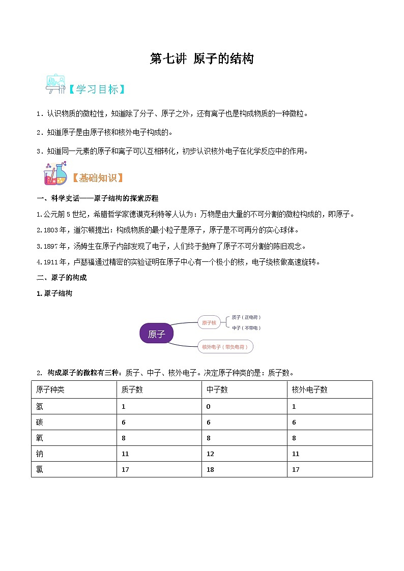 【暑期衔接】新九年级化学暑假精品课程讲义：第七讲 原子的结构第1页