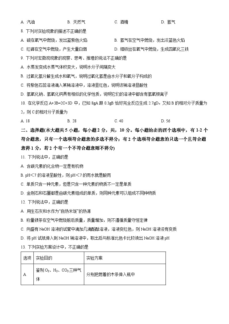 2024年天津市第九十八中学中考化学模拟试题（五）（原卷版）第2页