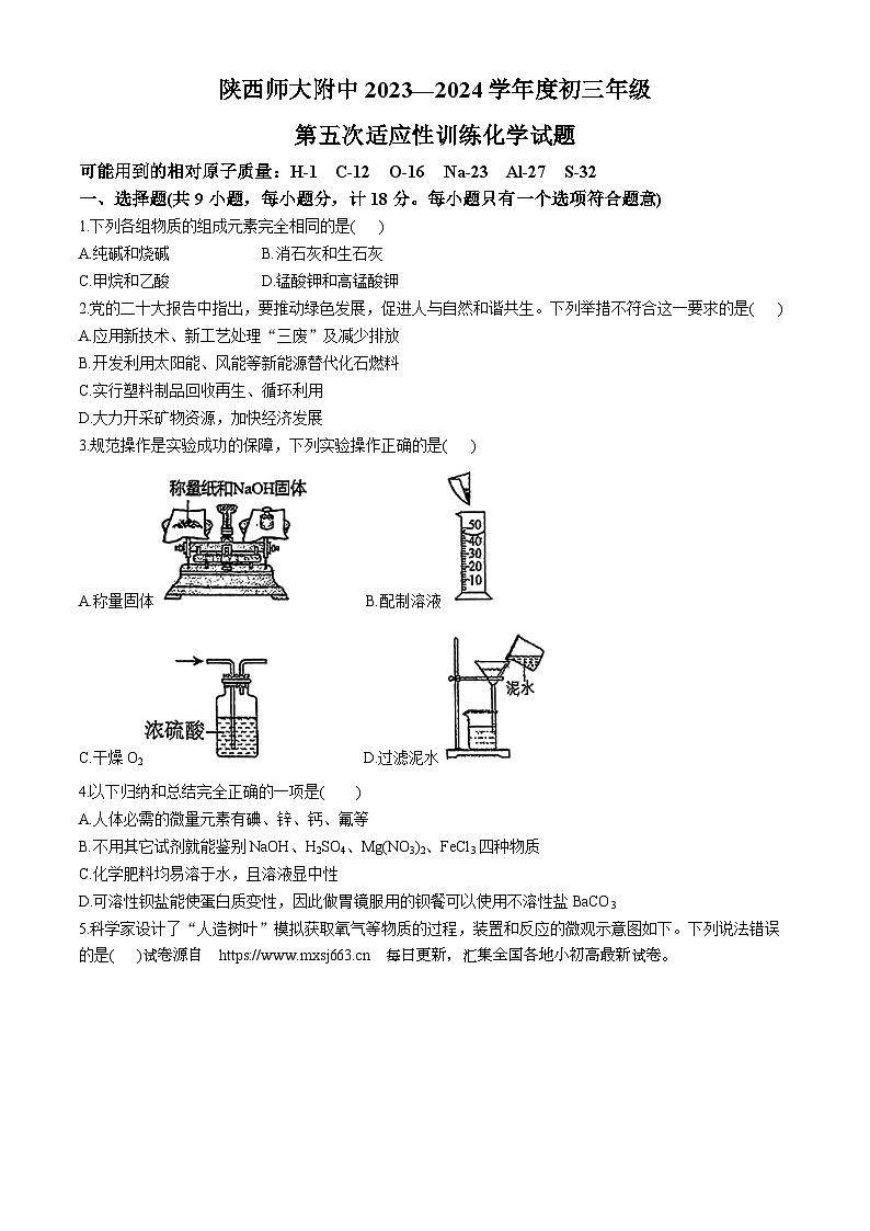 02，2024年陕西省西安市陕西师范大学附属中学中考五模化学试卷(无答案)01