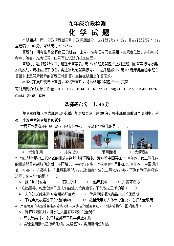 05，2024年山东省济南市长清区五校联盟九年级化学模拟试题第1页