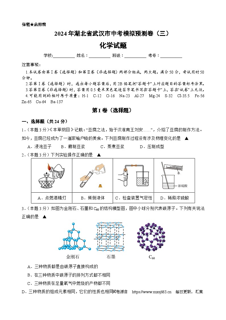 19，2024年湖北省武汉市中考化学模拟预测卷（三）(1)第1页