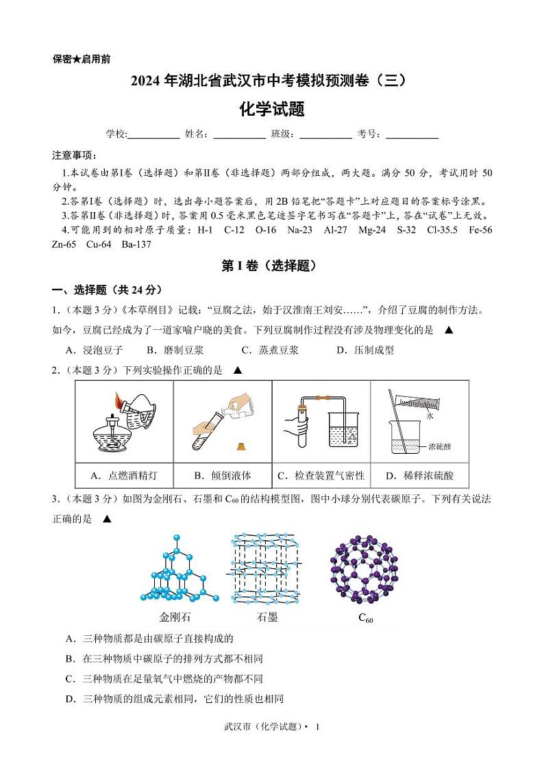 19，2024年湖北省武汉市中考化学模拟预测卷（三）(2)第1页