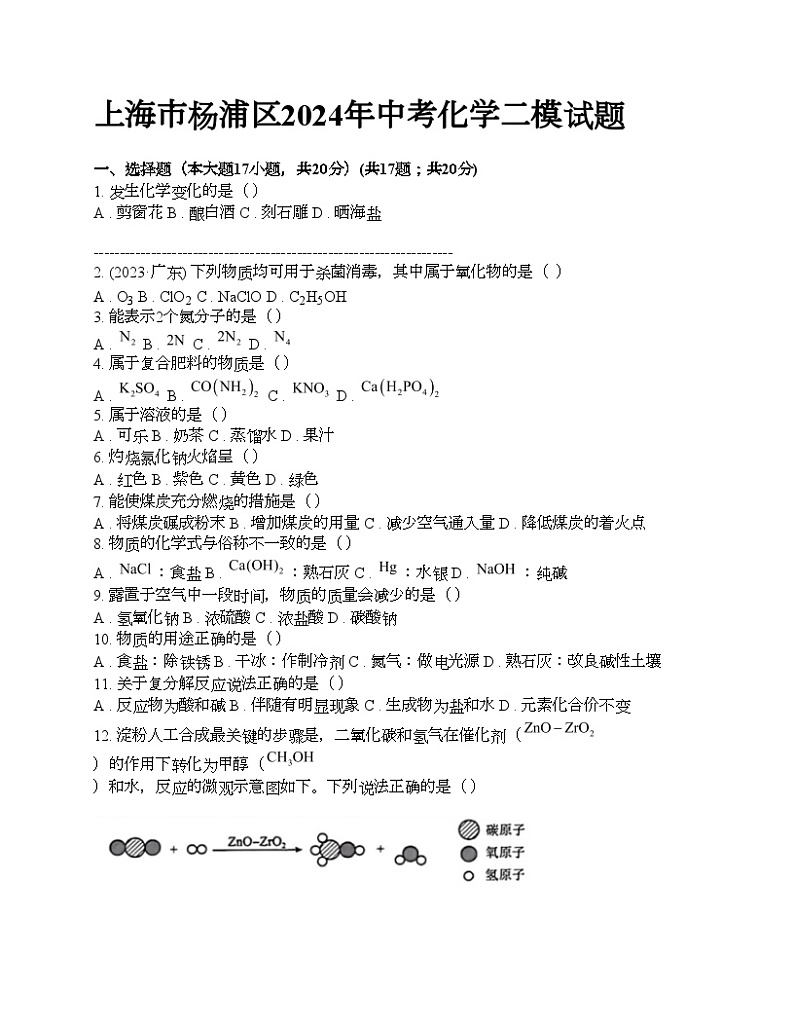 上海市杨浦区2024年中考化学二模试题第1页