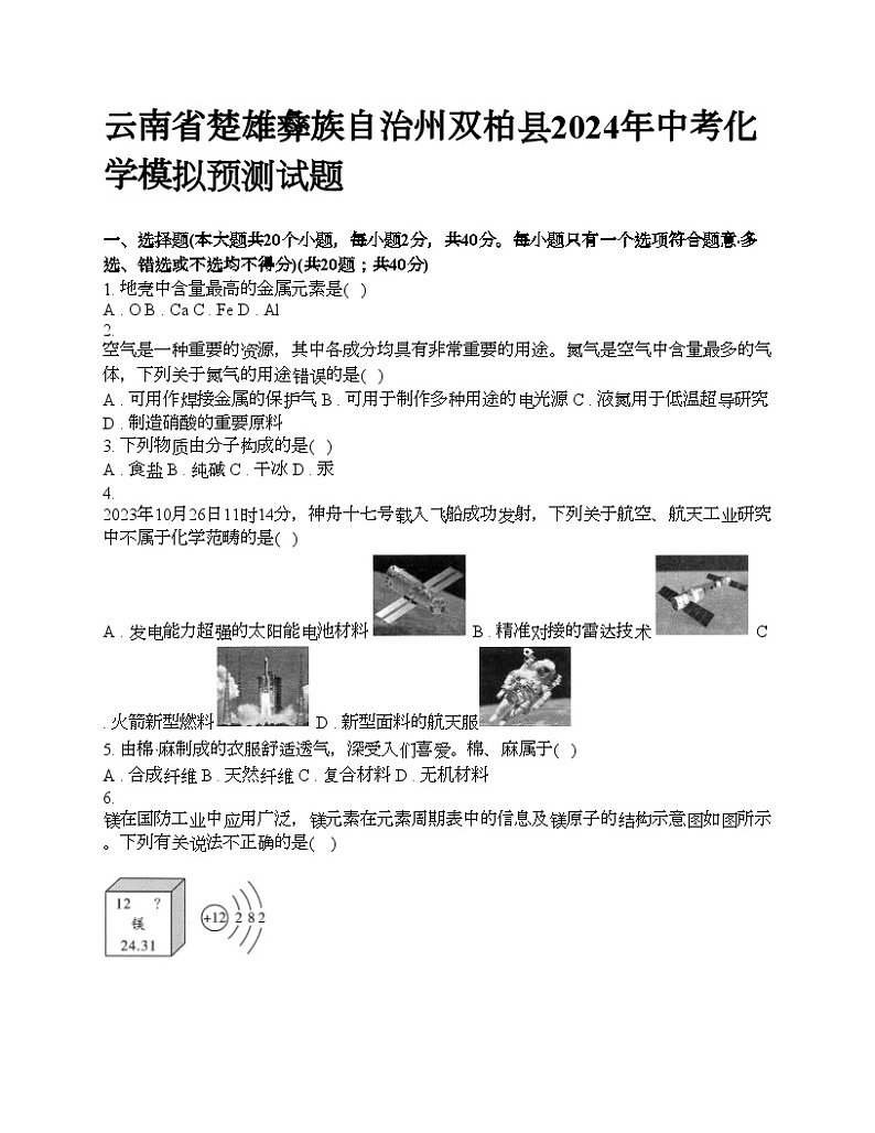 云南省楚雄彝族自治州双柏县2024年中考化学模拟预测试题第1页