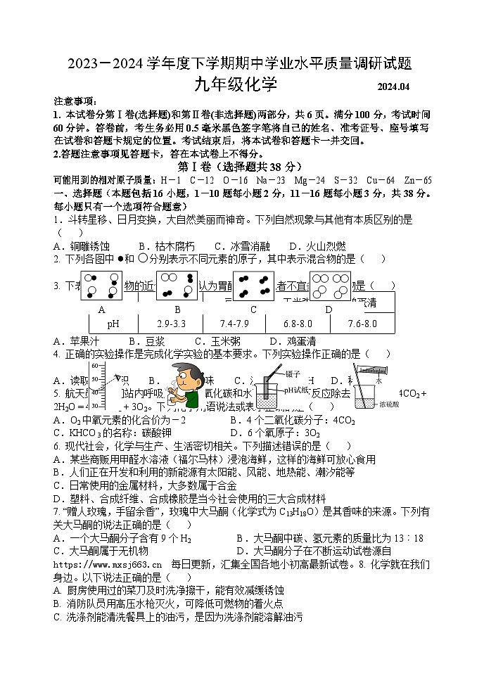 03，山东省临沂市罗庄区2023-2024学年九年级下学期期中考试化学试题第1页