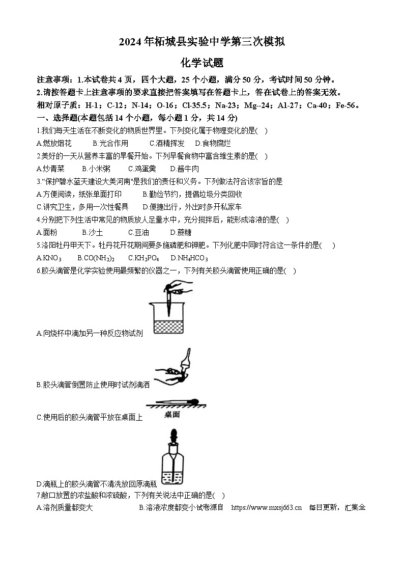 04，2024年河南省商丘市柘城县实验中学中考第三次模拟考试化学试题第1页