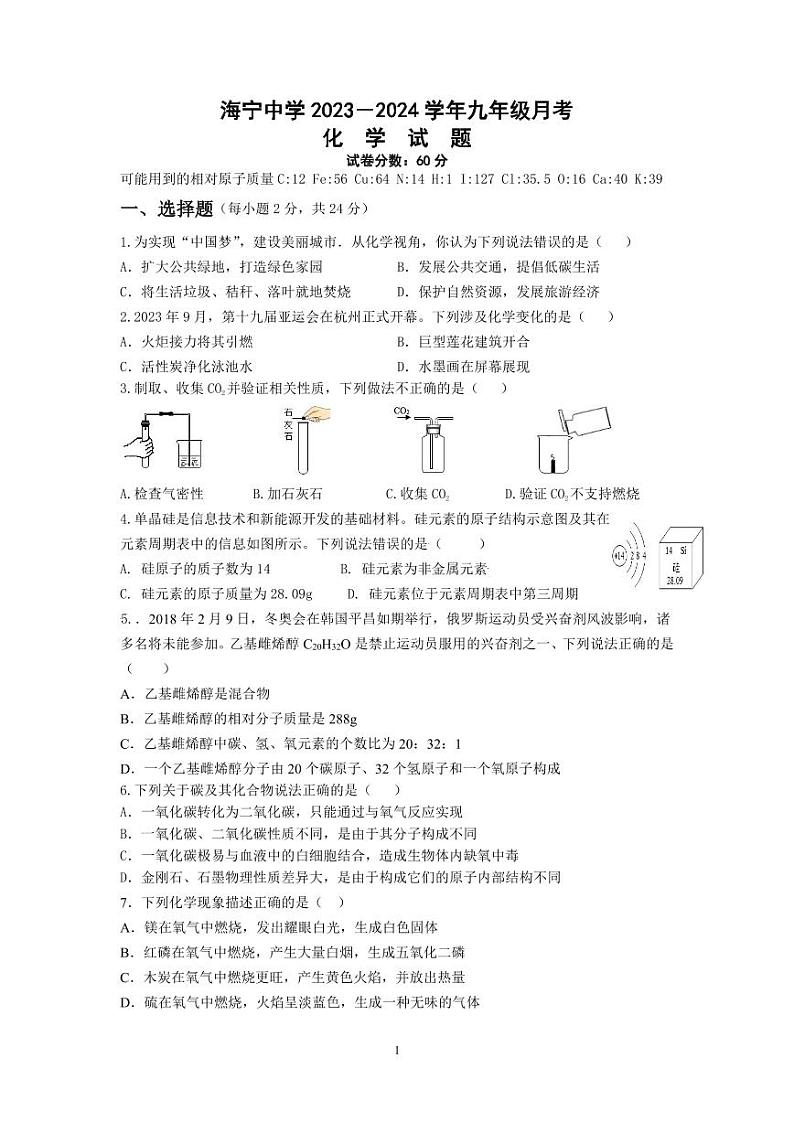 15，江苏省连云港市海宁中学2023-2024学年九年级上学期12月化学考试卷第1页