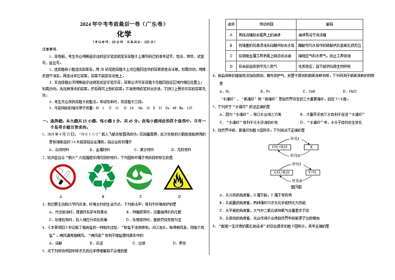 化学（广东卷）（考试版）A3第1页