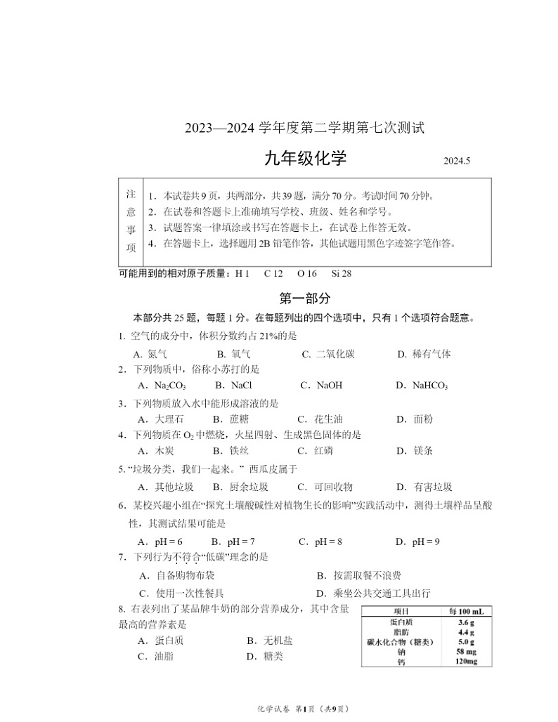 2024北京北师大实验中学初三下学期统测七化学试卷及答案第1页
