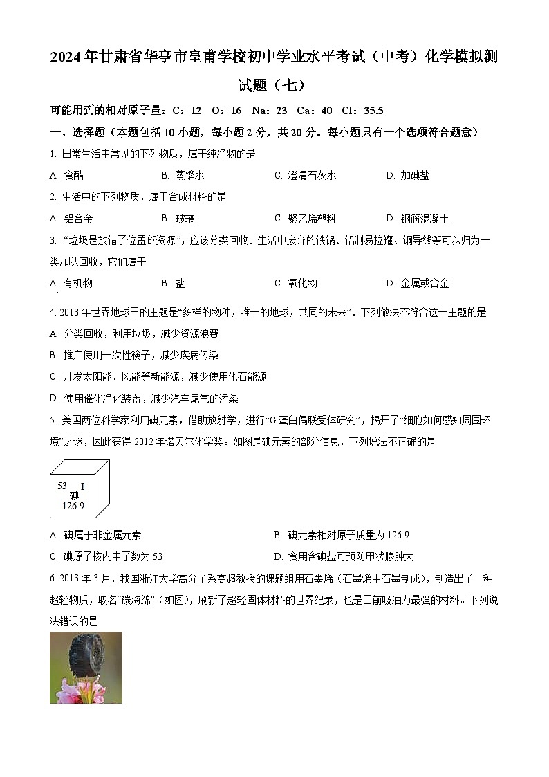 2024年甘肃省华亭市皇甫学校初中学业水平考试化学模拟测试题（七）（原卷版）第1页