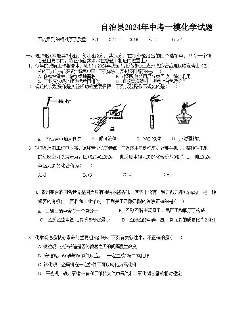 2024年贵州省铜仁市土家族自治县中考一模化学试题01