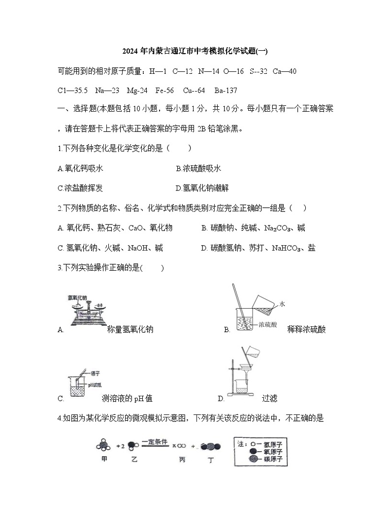 2024年内蒙古通辽市中考模拟化学试题（一）第1页