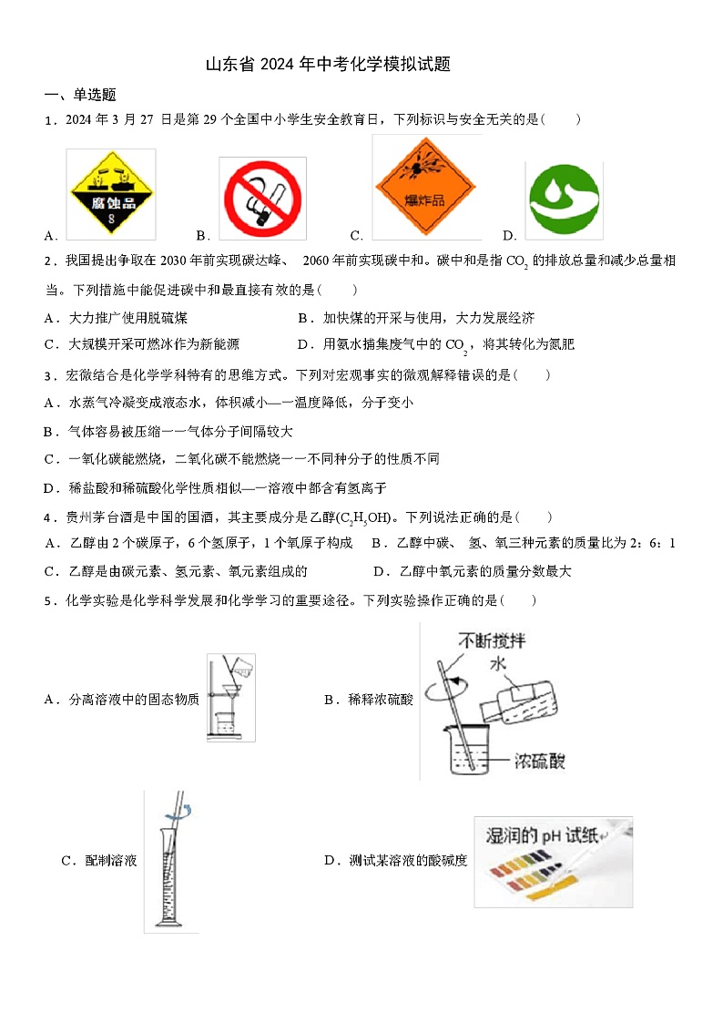 山东省 2024 年中考化学模拟试题（解析版）第1页