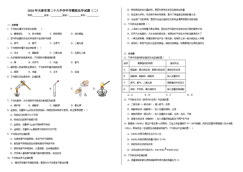 2024年天津市第二十八中学中考模拟化学试题（二）第1页