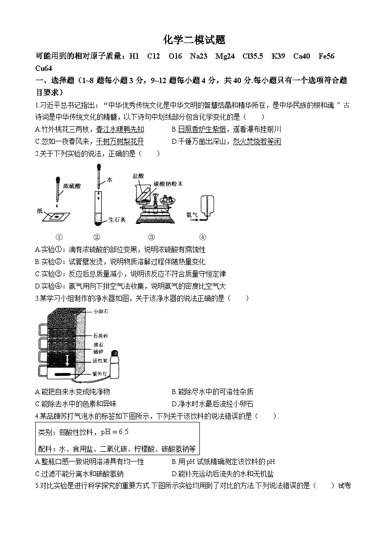 2024年山东省日照市山海天旅游度假区青岛路中学中考二模考试化学试题(无答案)01