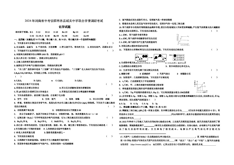 2024年河南省信阳市息县城关中学中考联合学情调研考化学试卷第1页