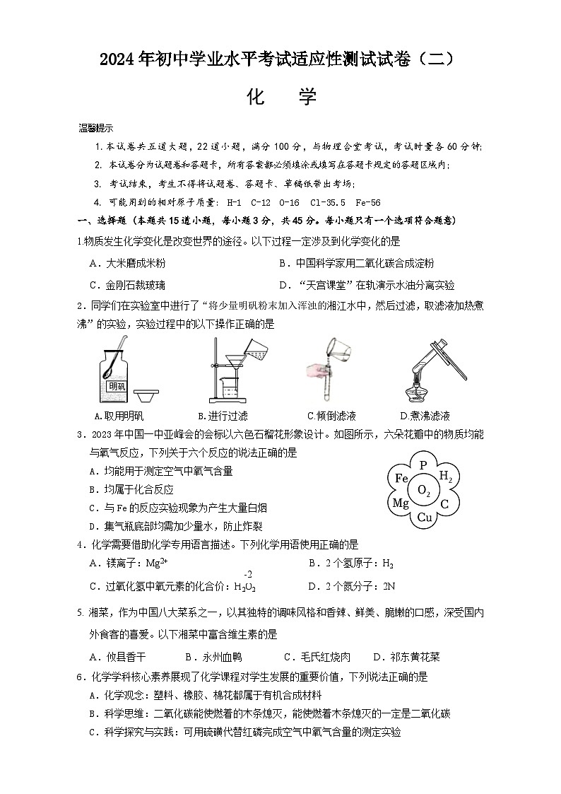 2024年湖南省岳阳市初中学业水平考试适应性测试化学试卷（二）第1页