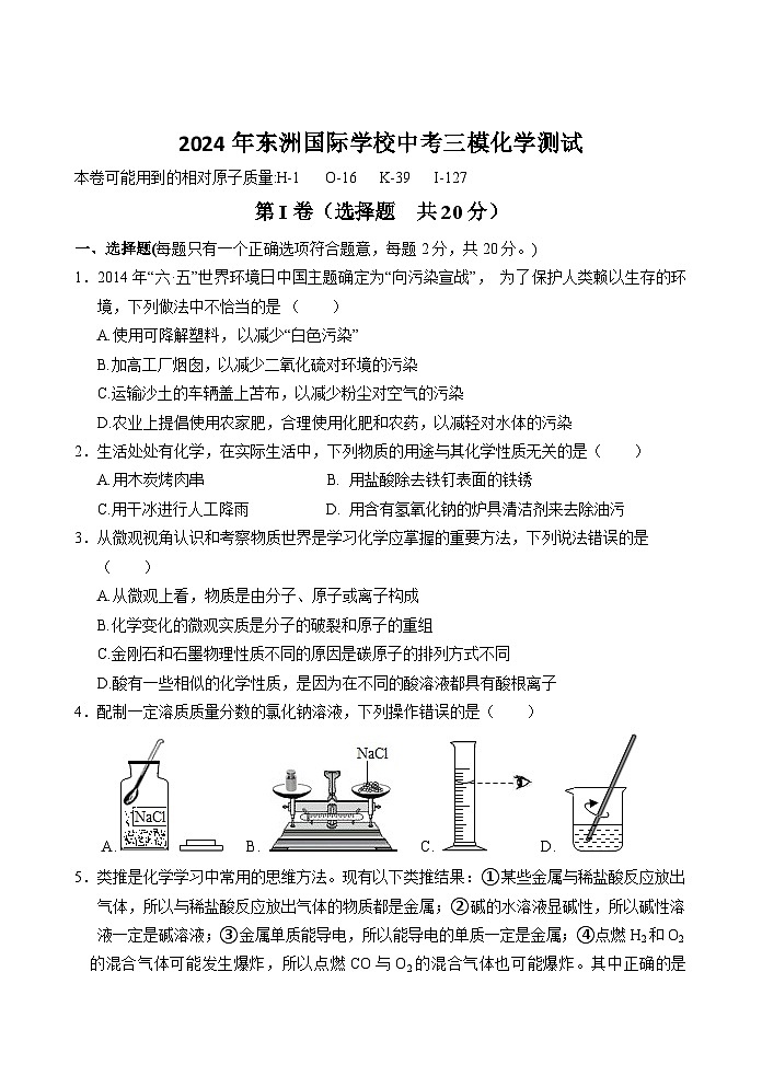 2024年江苏省南通市东洲国际学校中考三模化学测试题第1页