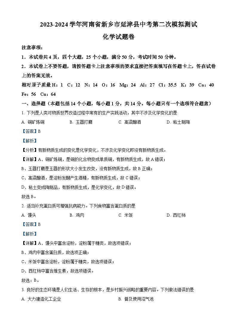 2024年河南省新乡市延津县中考第二次模拟测试化学试题（原卷版+解析版）01