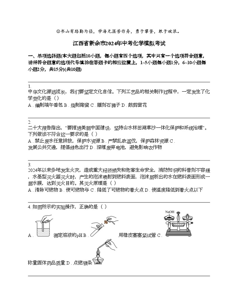 江西省新余市2024年中考化学模拟考试第1页