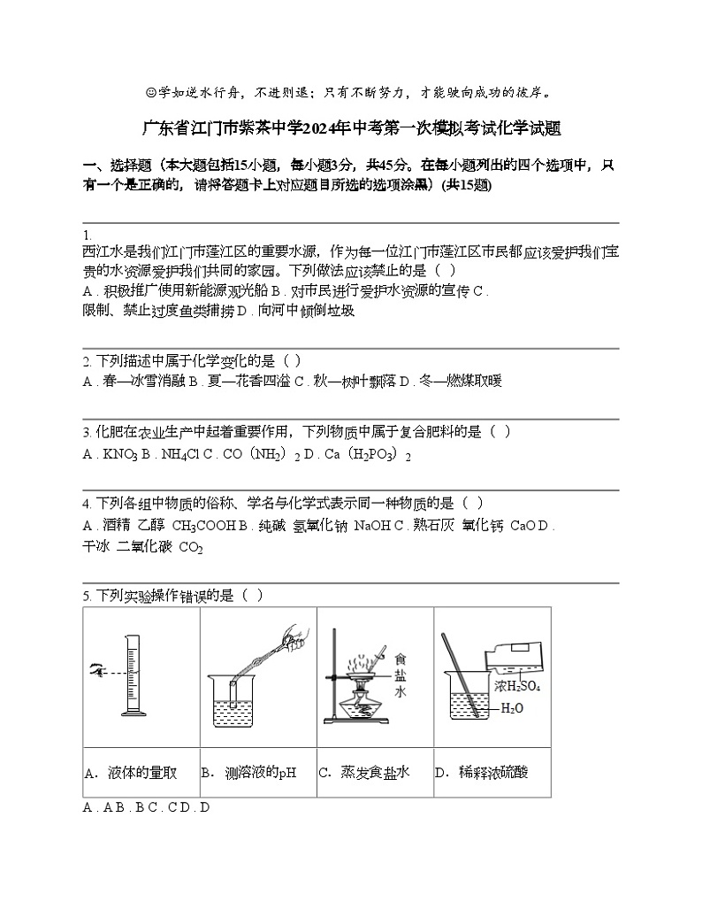 广东省江门市紫茶中学2024年中考第一次模拟考试化学试题第1页