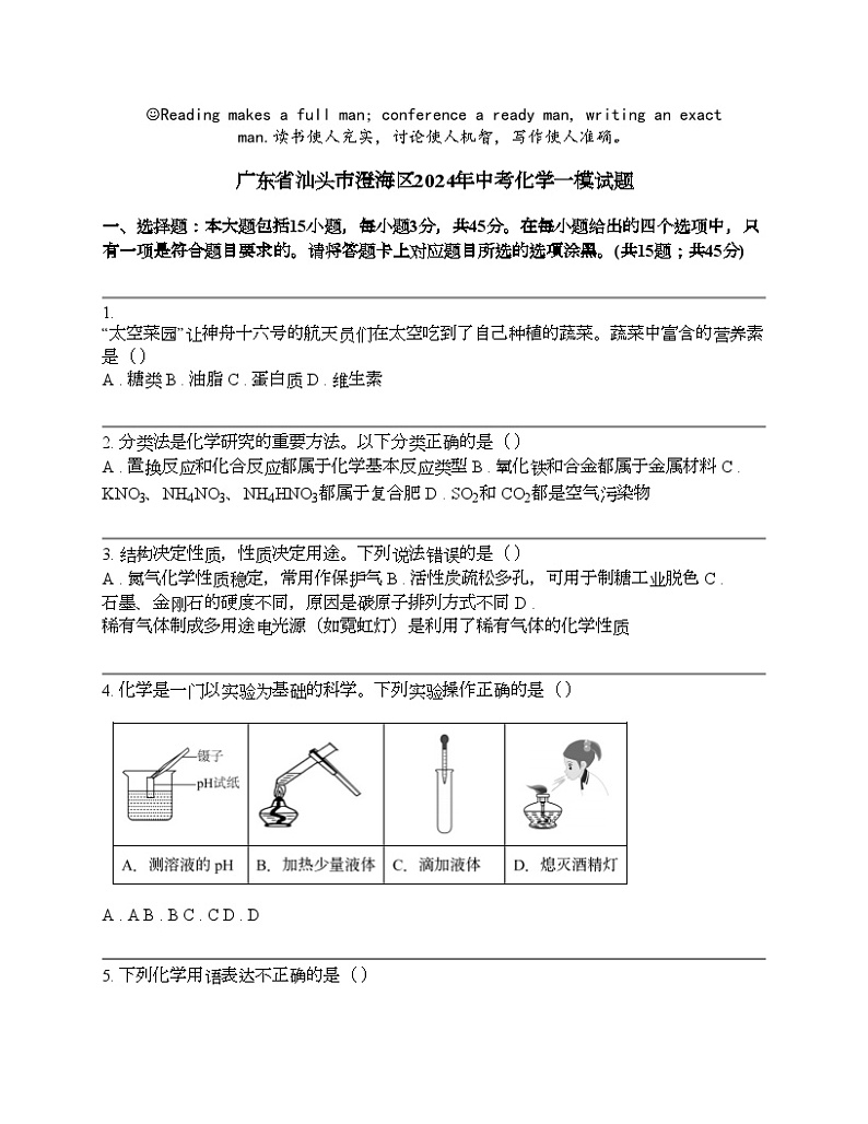 广东省汕头市澄海区2024年中考化学一模试题第1页