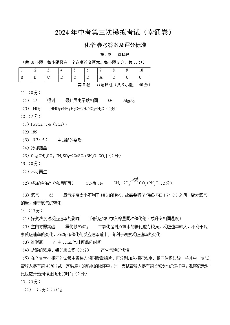 化学（南通卷）（参考答案及评分标准）第1页