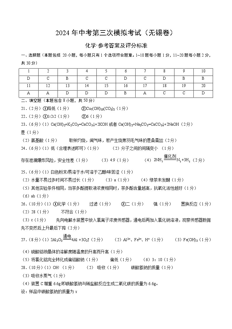 化学（无锡卷）（参考答案及评分标准）第1页