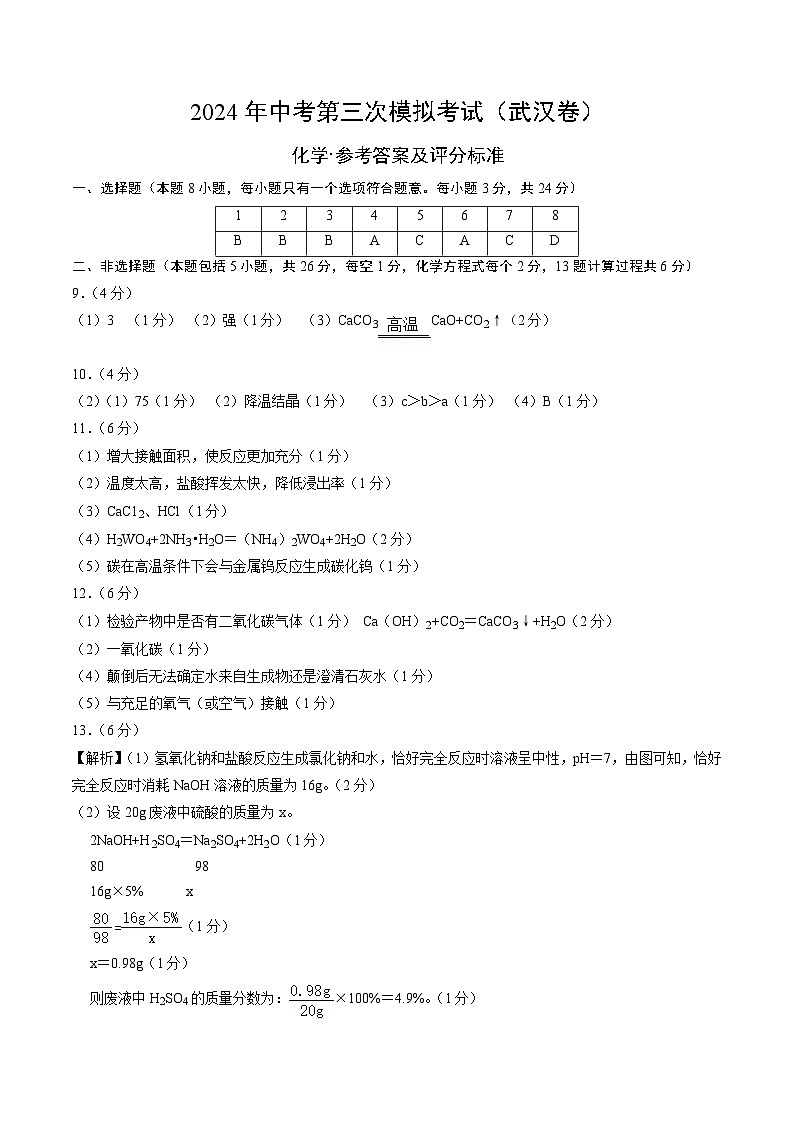 化学（武汉卷）（参考答案及评分标准）第1页
