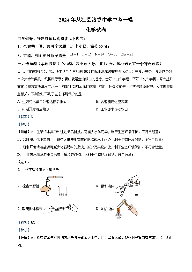 2024年贵州省黔东南州从江县洛香镇初级中学中考一模化学试题（原卷版+解析版）01