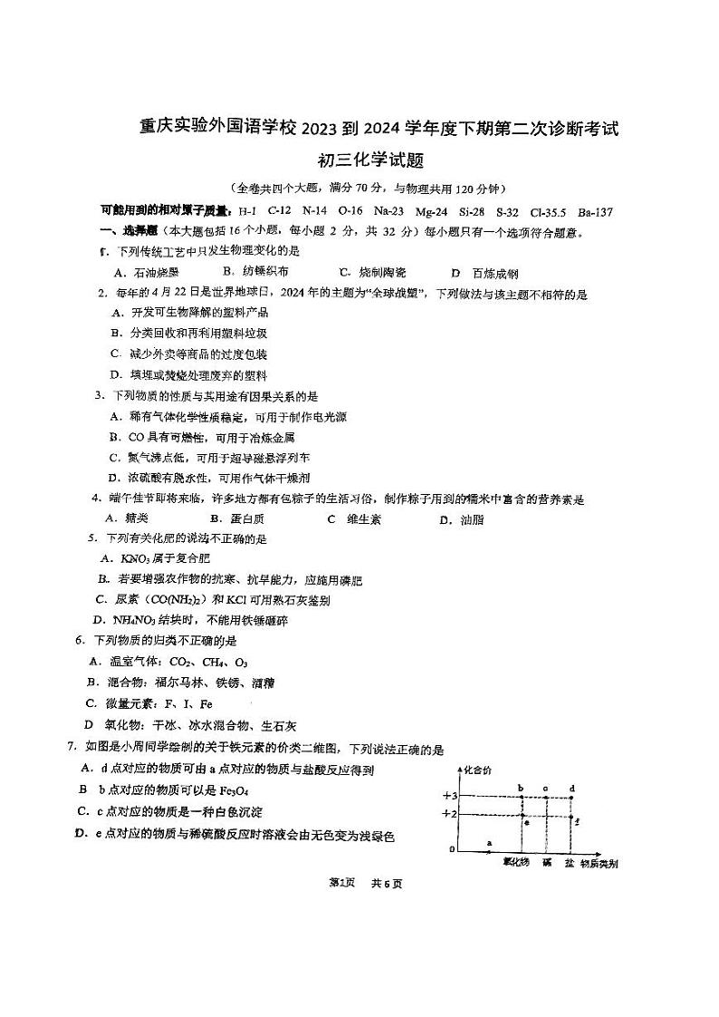2024年重庆实验外国语学校中考二模化学试题01