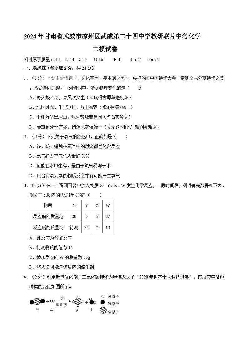 2024年甘肃省武威市凉州区武威第二十四中学教研联片中考二模化学试卷01